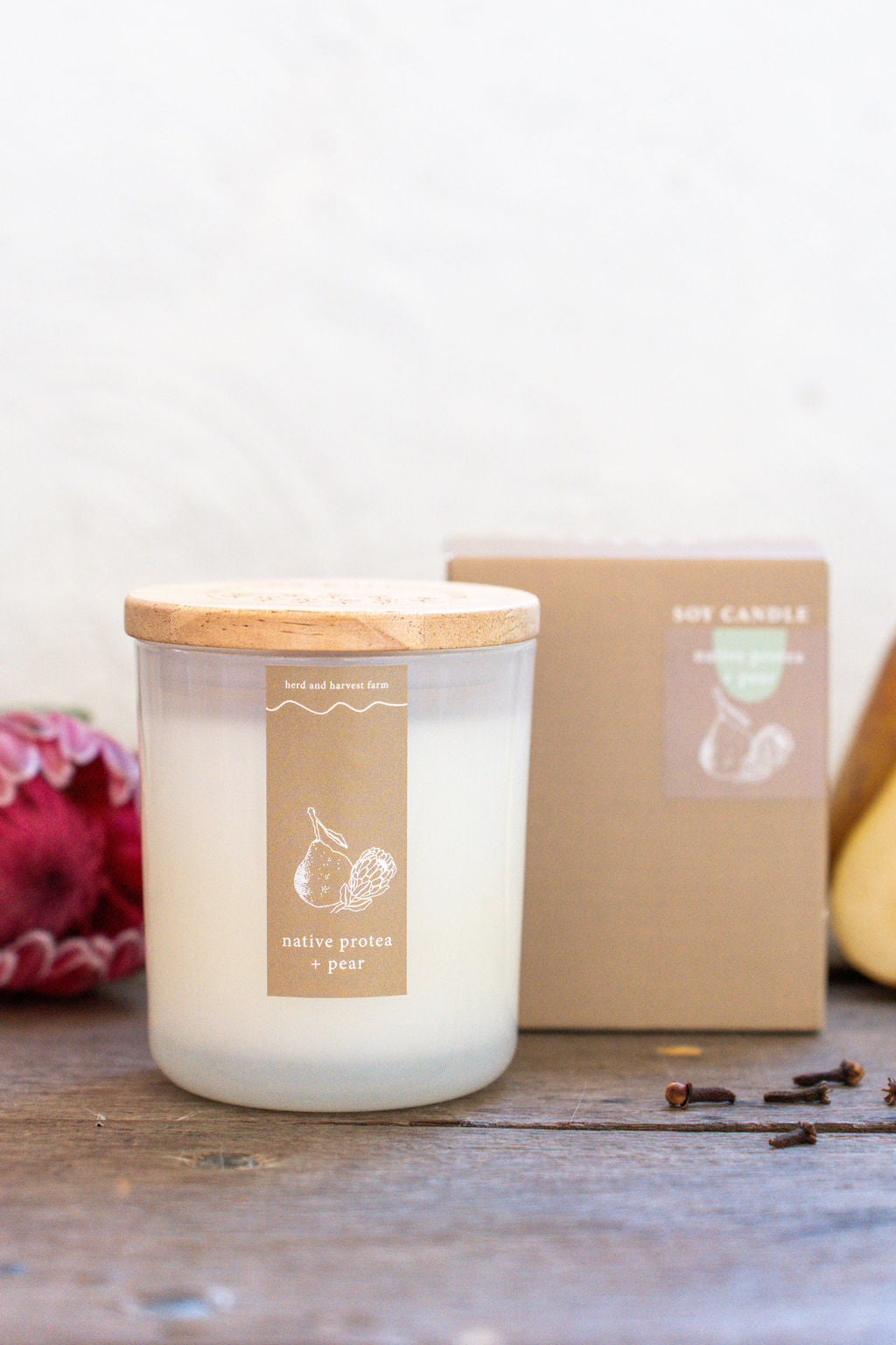 native protea + pear | white | soy candle | 50 + hrs