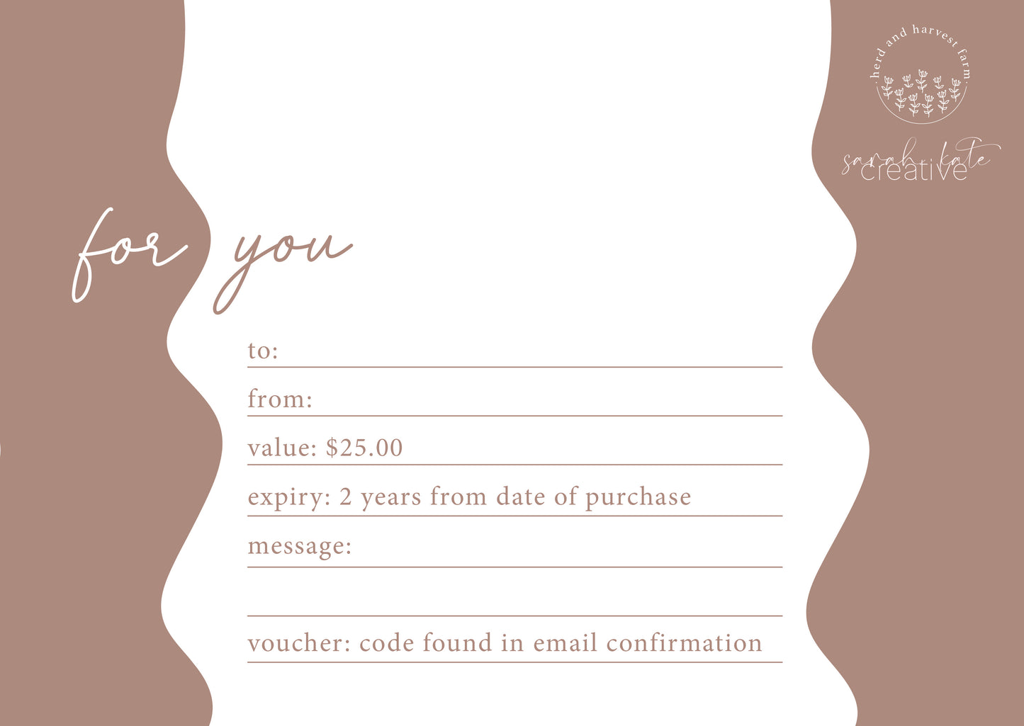 Herd and Harvest Farm PHYSICAL Gift Voucher $25.00